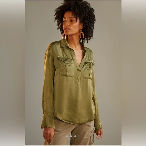 NWT Antropologie Sleek V-neck Blouse Olive Green M - Picture 1 of 5